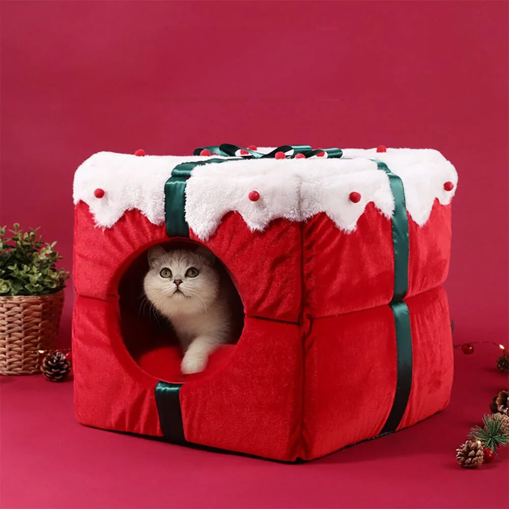 Cama semicerrada navideña para mascotas con base antideslizante, ideal para gatos y perros pequeños, dimensiones 35x35 cm 0