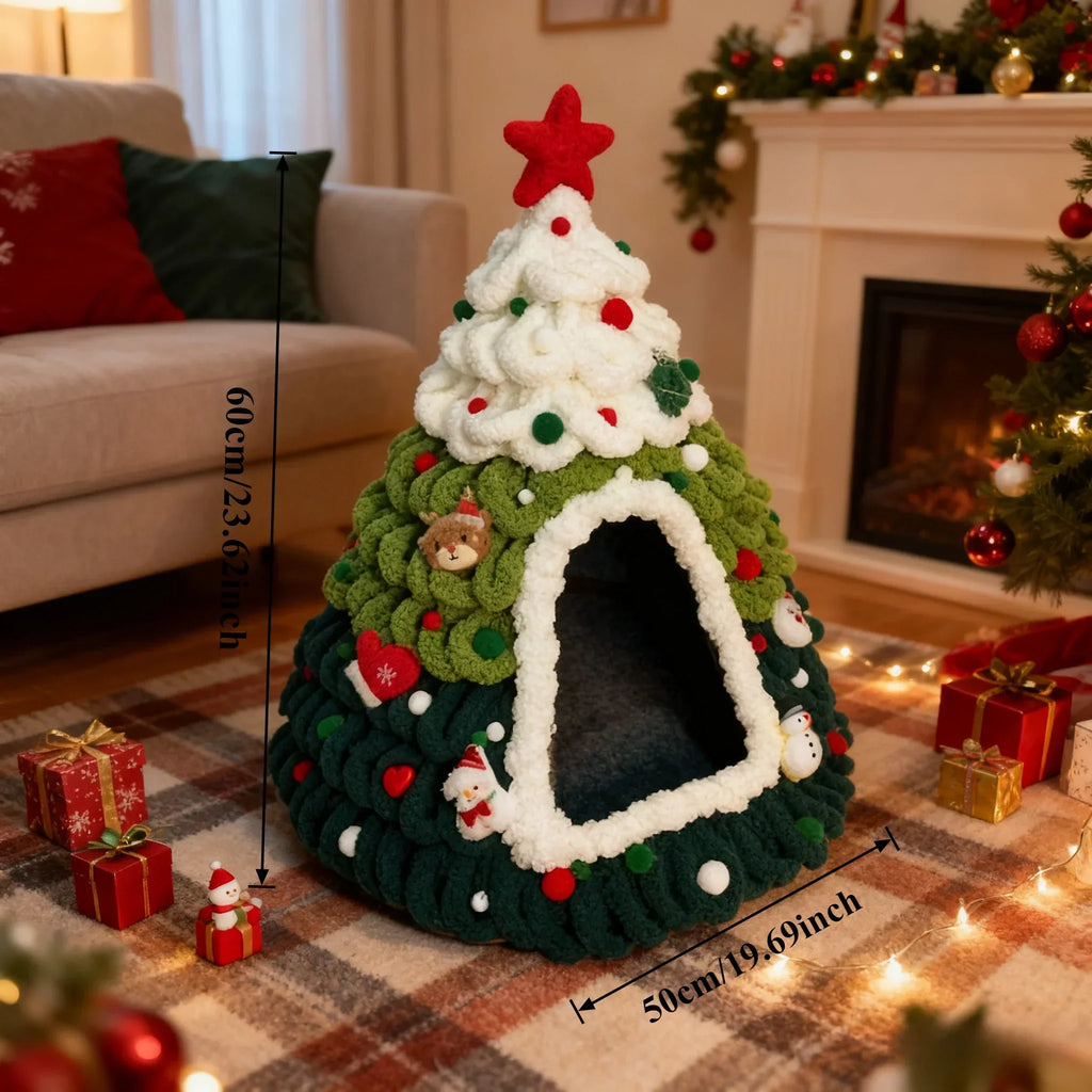 Casa para gatos en forma de árbol de Navidad, elaborada con material de felpa suave, ideal como refugio acogedor para gatos. 0