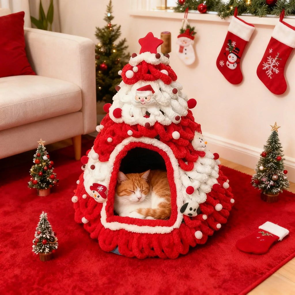 Casa para gatos en forma de árbol de Navidad, elaborada con material de felpa suave, ideal como refugio acogedor para gatos. 1