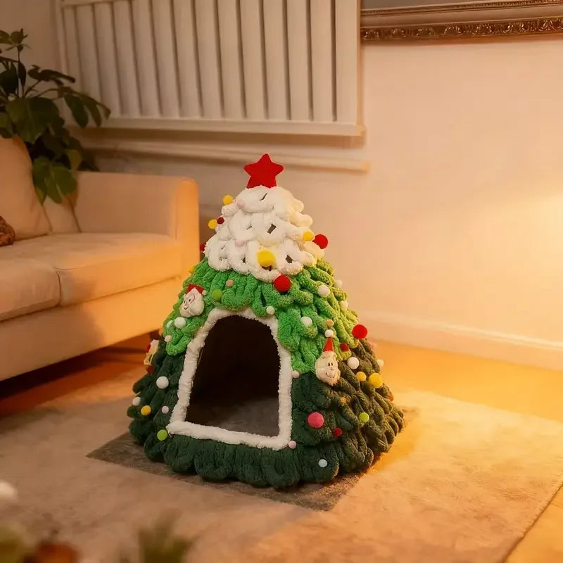 Casa para gatos en forma de árbol de Navidad, elaborada con material de felpa suave, ideal como refugio acogedor para gatos. 4
