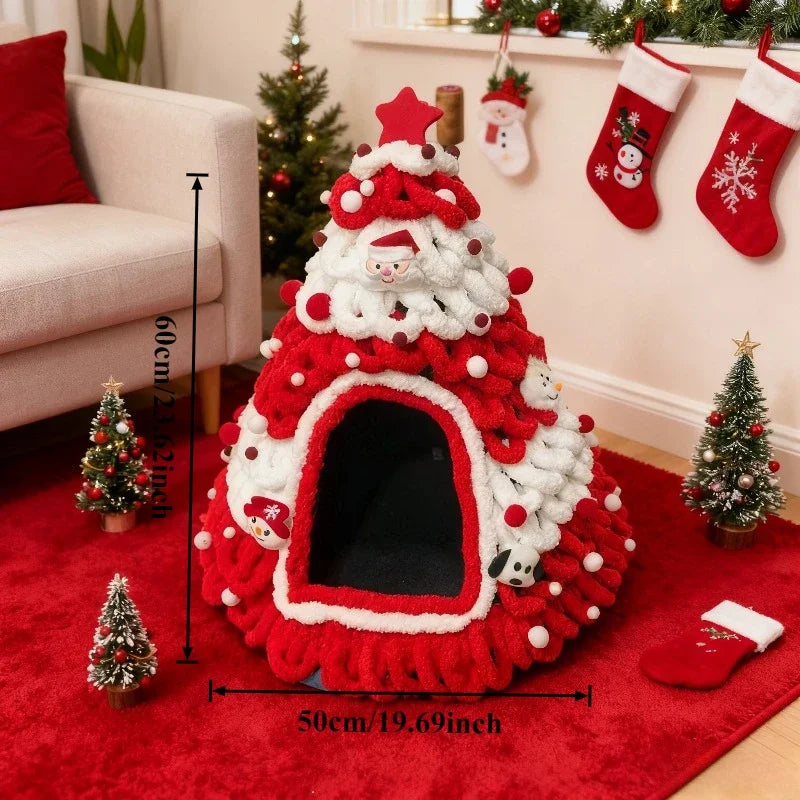 Casa para gatos en forma de árbol de Navidad, elaborada con material de felpa suave, ideal como refugio acogedor para gatos. 7
