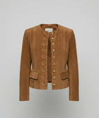 Chaqueta de gamuza sintética para mujer en color elegante, con botones dorados y diseño de escote sin cuello, ideal para un look moderno 4