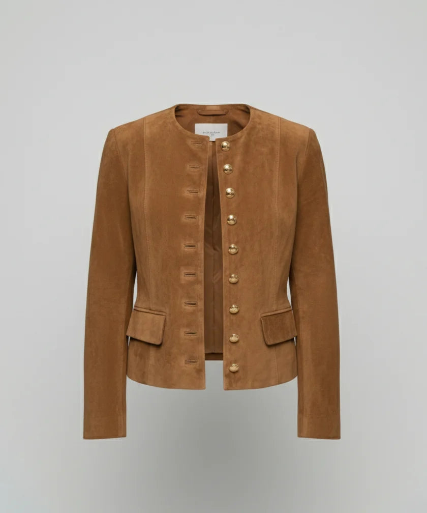 Chaqueta de gamuza sintética para mujer en color elegante, con botones dorados y diseño de escote sin cuello, ideal para un look moderno 4