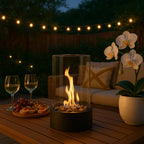Chimenea de mesa portátil con llama real de bioetanol, diseño moderno en vidrio y metal, ideal para decorar interiores y exteriores. 0