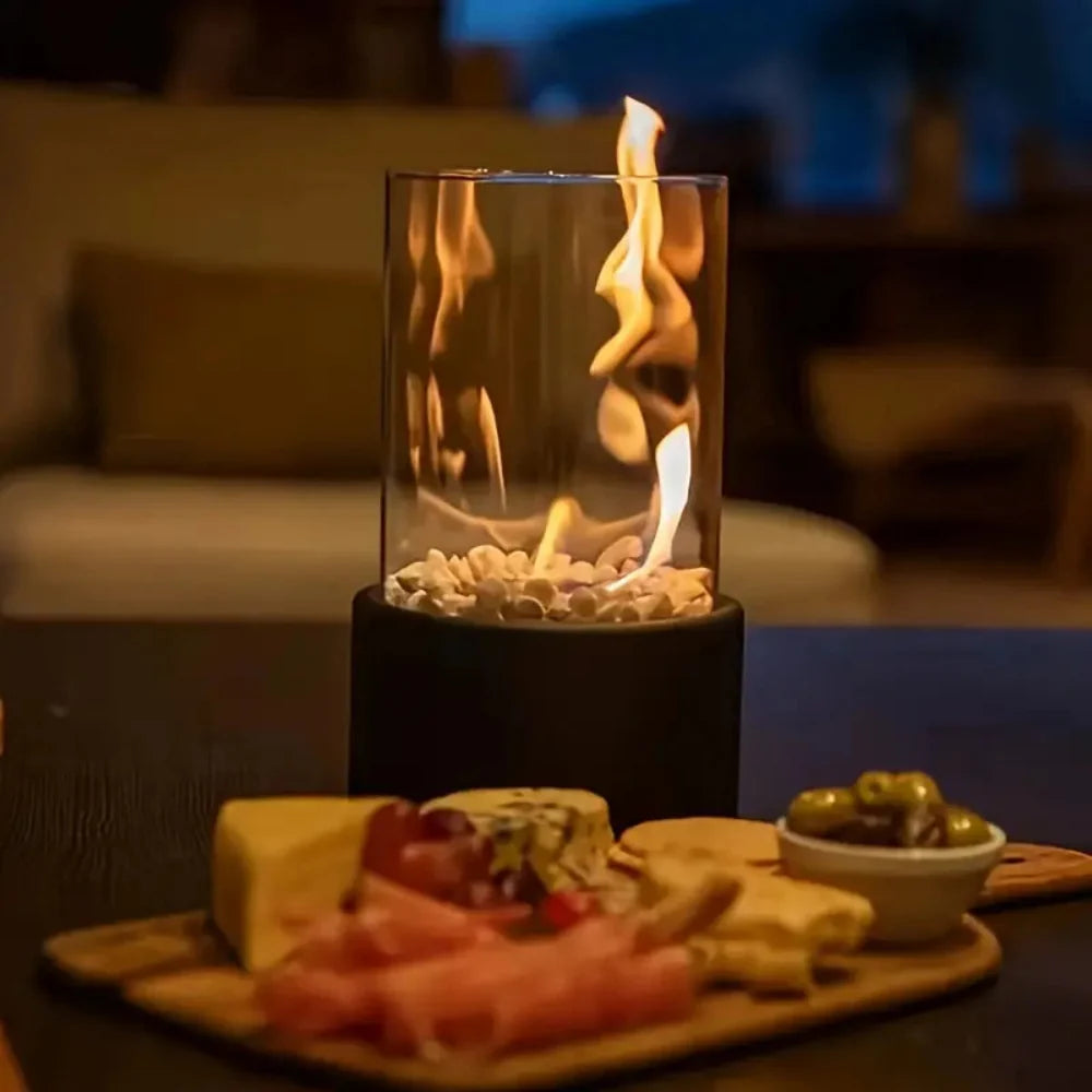Chimenea de mesa portátil con llama real de bioetanol, diseño moderno en vidrio y metal, ideal para decorar interiores y exteriores. 6