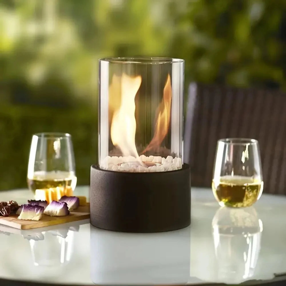 Chimenea de mesa portátil con llama real de bioetanol, diseño moderno en vidrio y metal, ideal para decorar interiores y exteriores. 7
