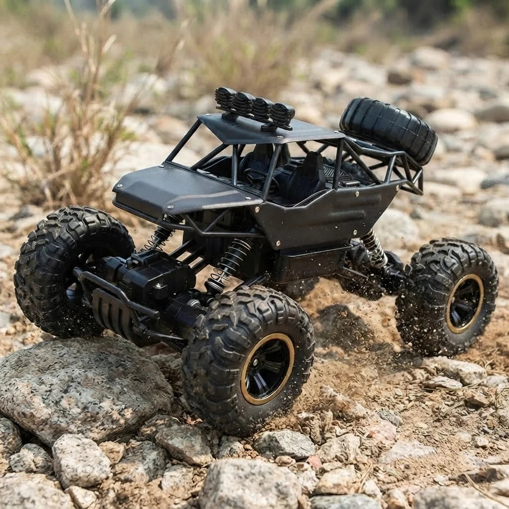 Coche teledirigido todoterreno 4x4 con batería recargable y carrocería resistente, perfecto para aventuras al 0