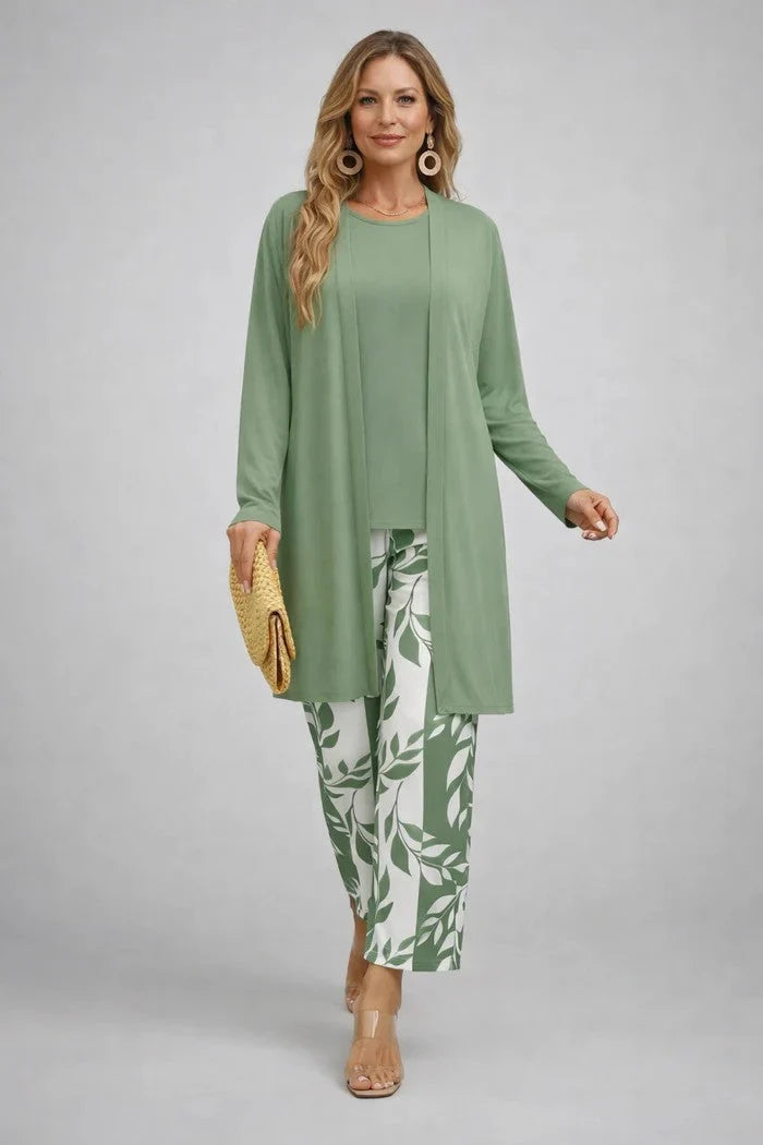 Conjunto deportivo para mujer con cárdigan fluido y estampado botánico, ideal para un look casual elegante en primavera y verano. 3