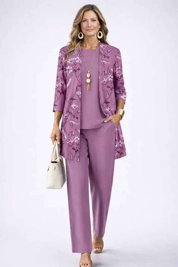 Conjunto deportivo para mujer con cárdigan fluido y estampado botánico, ideal para un look casual elegante en primavera y verano. 4