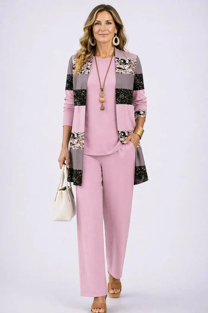Conjunto deportivo para mujer con cárdigan fluido y estampado botánico, ideal para un look casual elegante en primavera y verano. 5