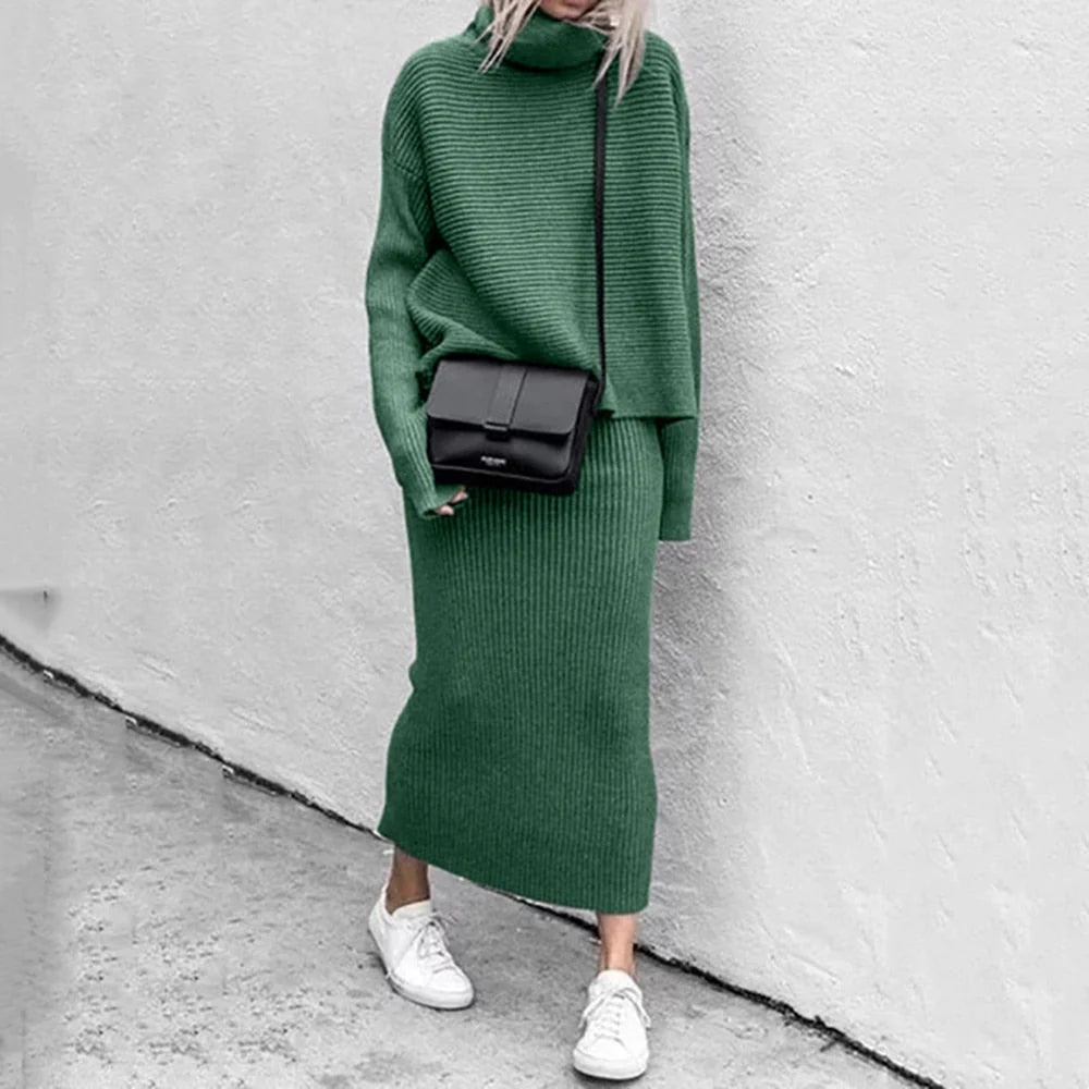 Conjunto de punto para mujer que incluye un top de manga larga y una falda maxi, ideal para un look casual elegante. 1