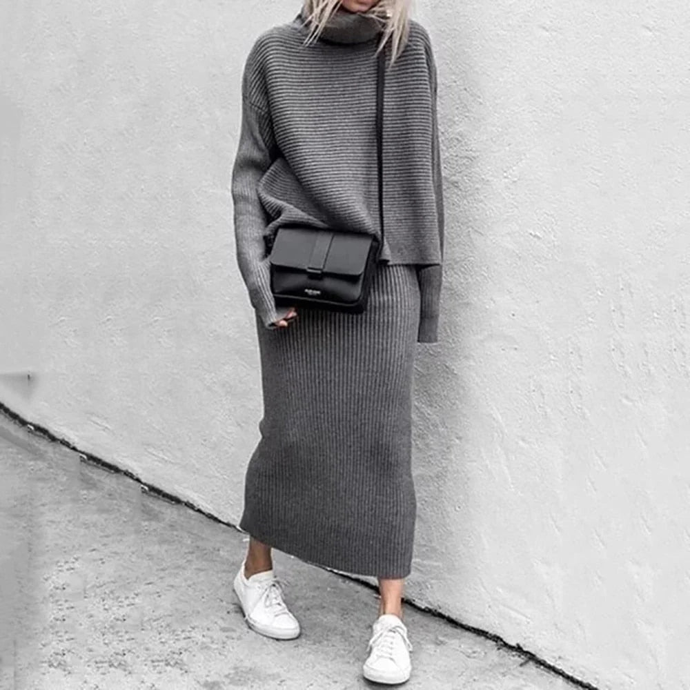 Conjunto de punto para mujer que incluye un top de manga larga y una falda maxi, ideal para un look casual elegante. 2