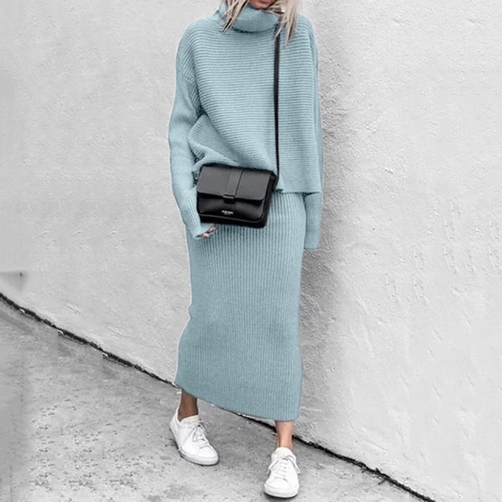 Conjunto de punto para mujer que incluye un top de manga larga y una falda maxi, ideal para un look casual elegante. 3