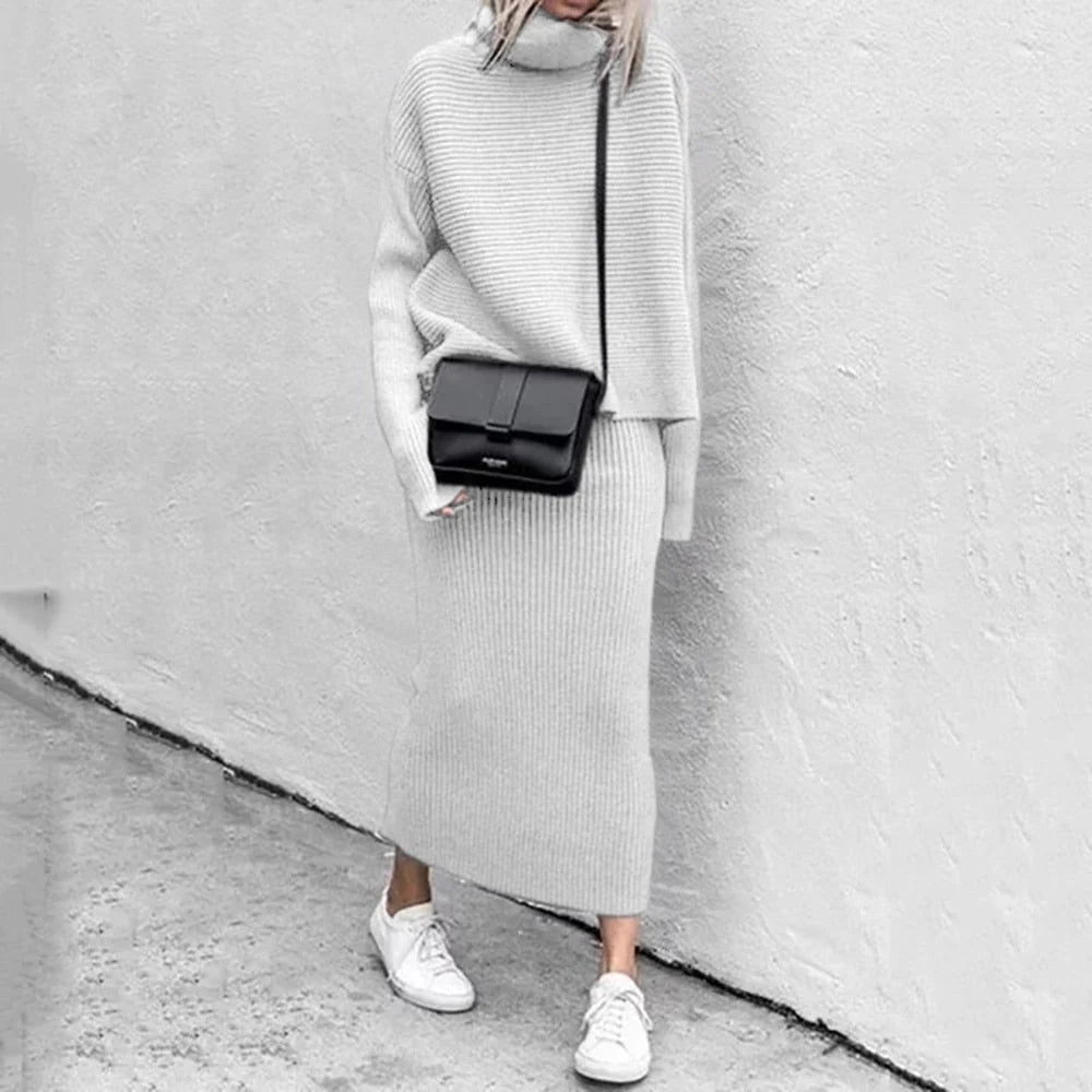 Conjunto de punto para mujer que incluye un top de manga larga y una falda maxi, ideal para un look casual elegante. 5