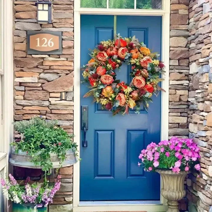 Corona de Otoño de 40 cm con calabaza, ideal para decorar interiores y exteriores, hecha de plástico resistente para una decoración acogedora 1