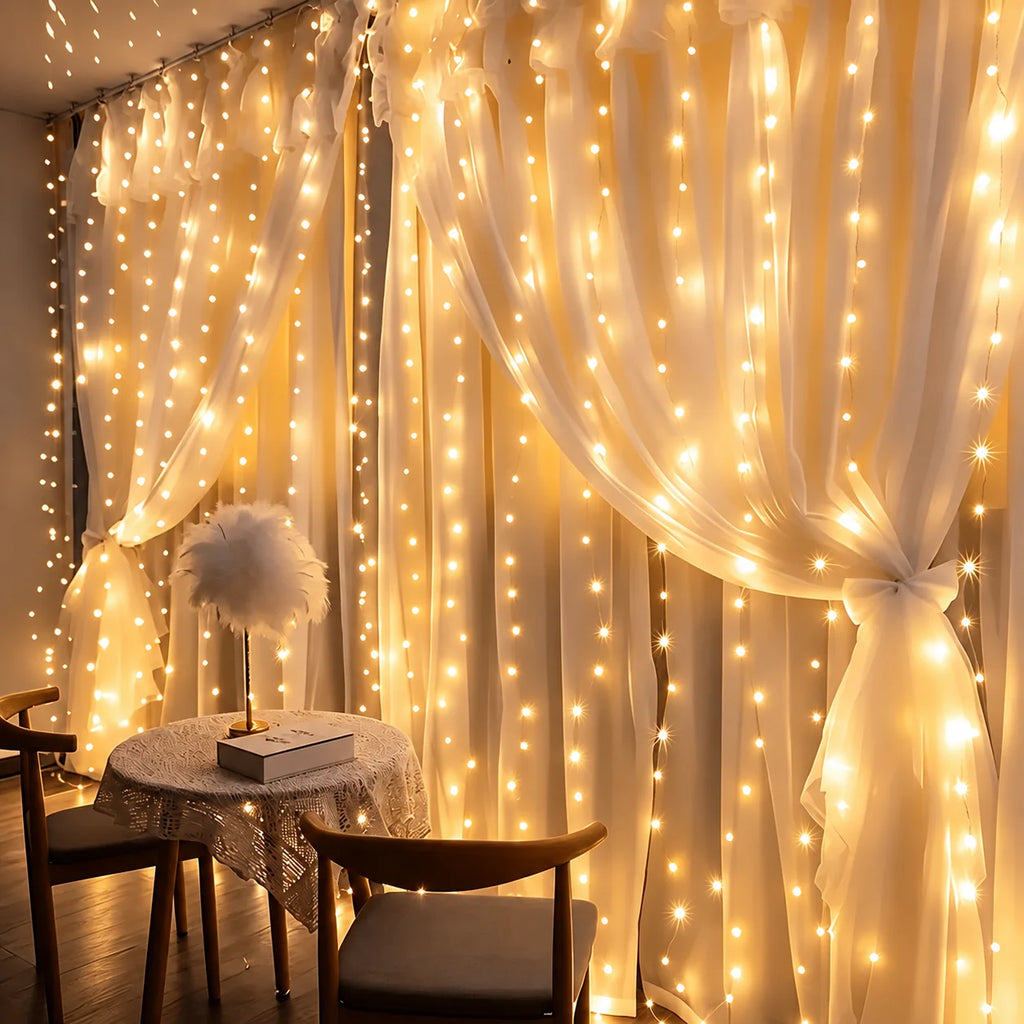 Cortina de luces navideña USB de 200/300 LEDs multicolor, con ocho modos de iluminación y resistencia al agua, ideal para 0