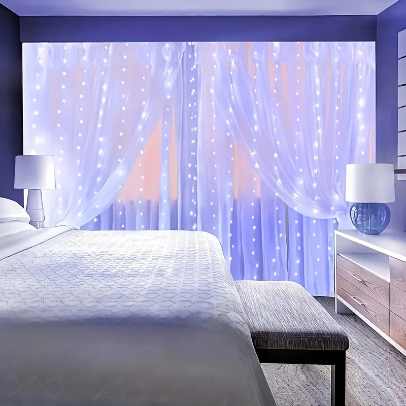 Cortina de luces navideña USB de 200/300 LEDs multicolor, con ocho modos de iluminación y resistencia al agua, ideal para 3