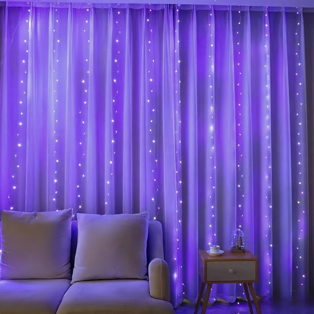 Cortina de luces navideña USB de 200/300 LEDs multicolor, con ocho modos de iluminación y resistencia al agua, ideal para 4