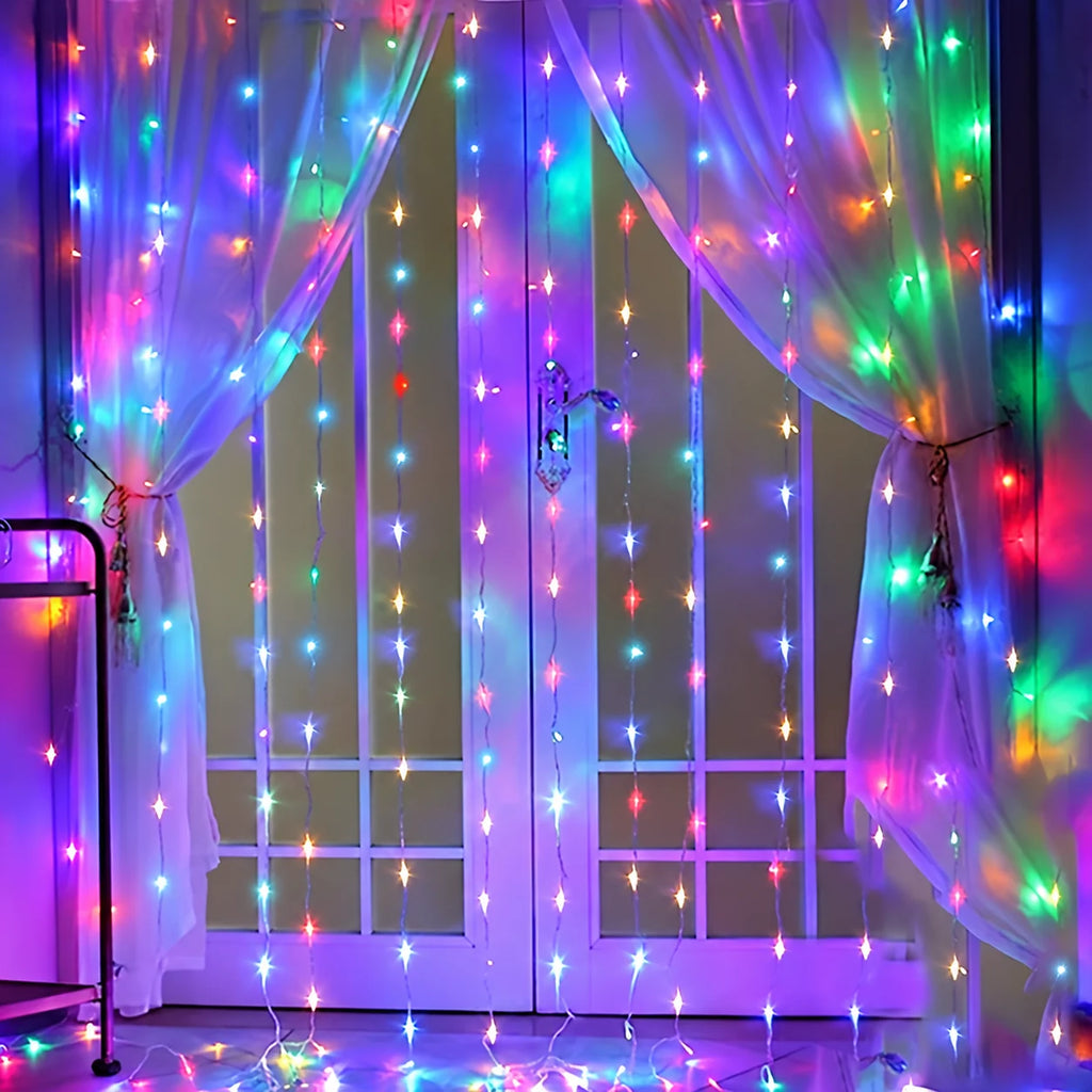 Cortina de luces navideña USB de 200/300 LEDs multicolor, con ocho modos de iluminación y resistencia al agua, ideal para 7