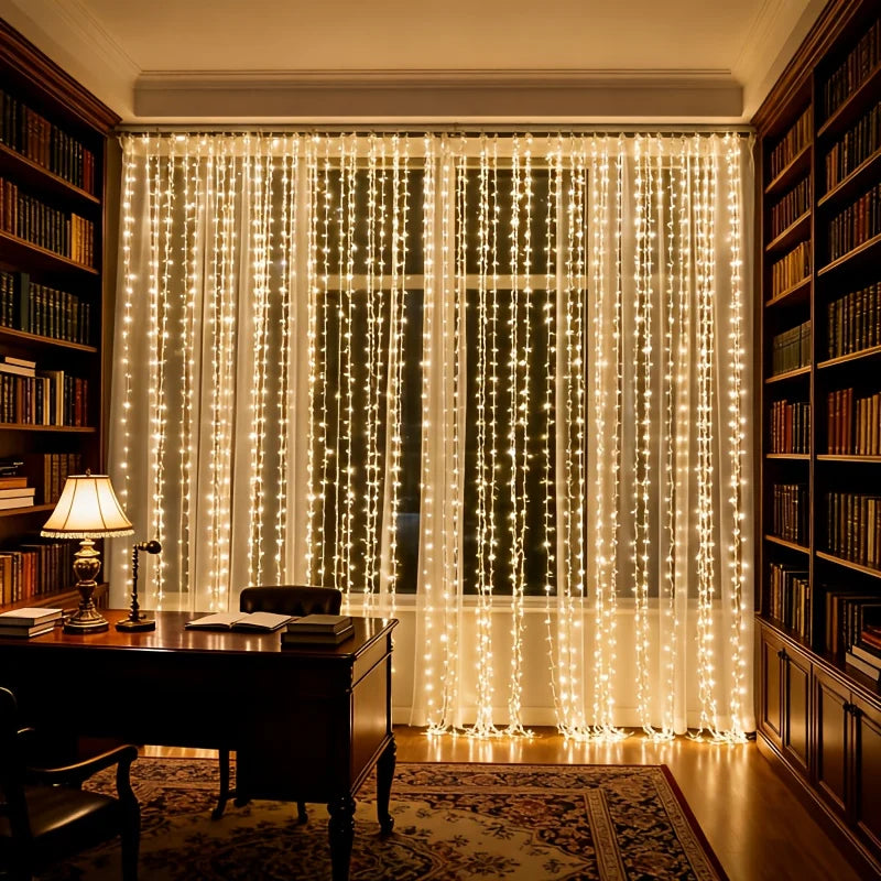 Cortina de luces navideña con 300 LED dorado cálido, ocho modos de iluminación, sin cables, ideal para decoración interior. 1