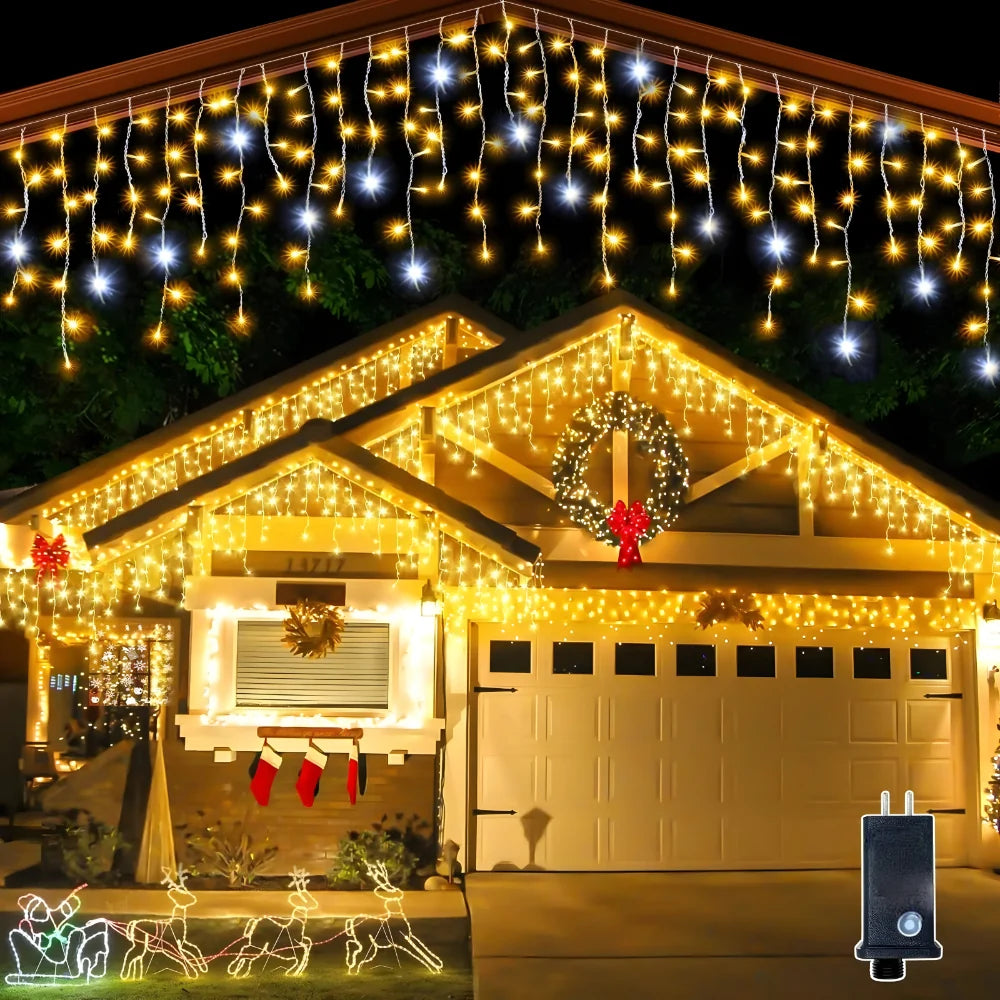 Cortina de luces navideñas LED exterior resistente al agua con luz blanca cálida, dimensiones de 4 x 0,6 m y 0