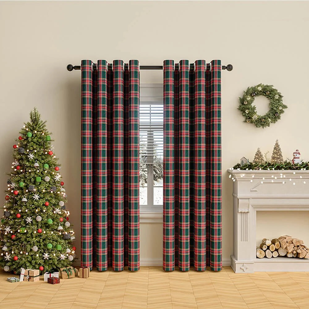 Cortina de poliéster con ojales y diseño a cuadros en estilo clásico, dimensiones 132 x 213 cm, ideal para decorar y 1