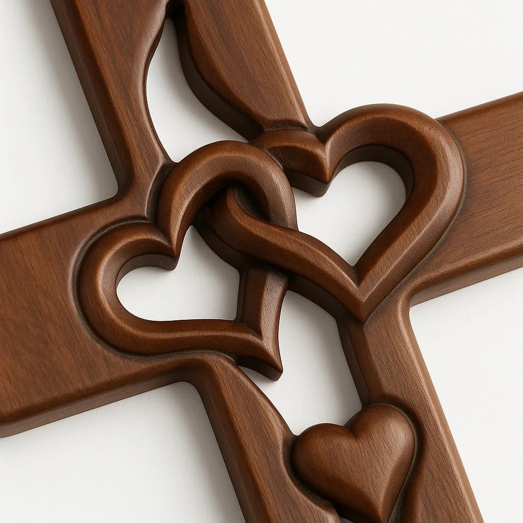 Cruz de pared de madera natural con corazones tallados, decoración cristiana en tono marrón, dimensiones 16x25cm. 5