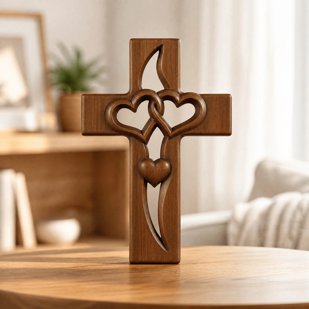 Cruz de pared de madera natural con corazones tallados, decoración cristiana en tono marrón, dimensiones 16x25cm. 7
