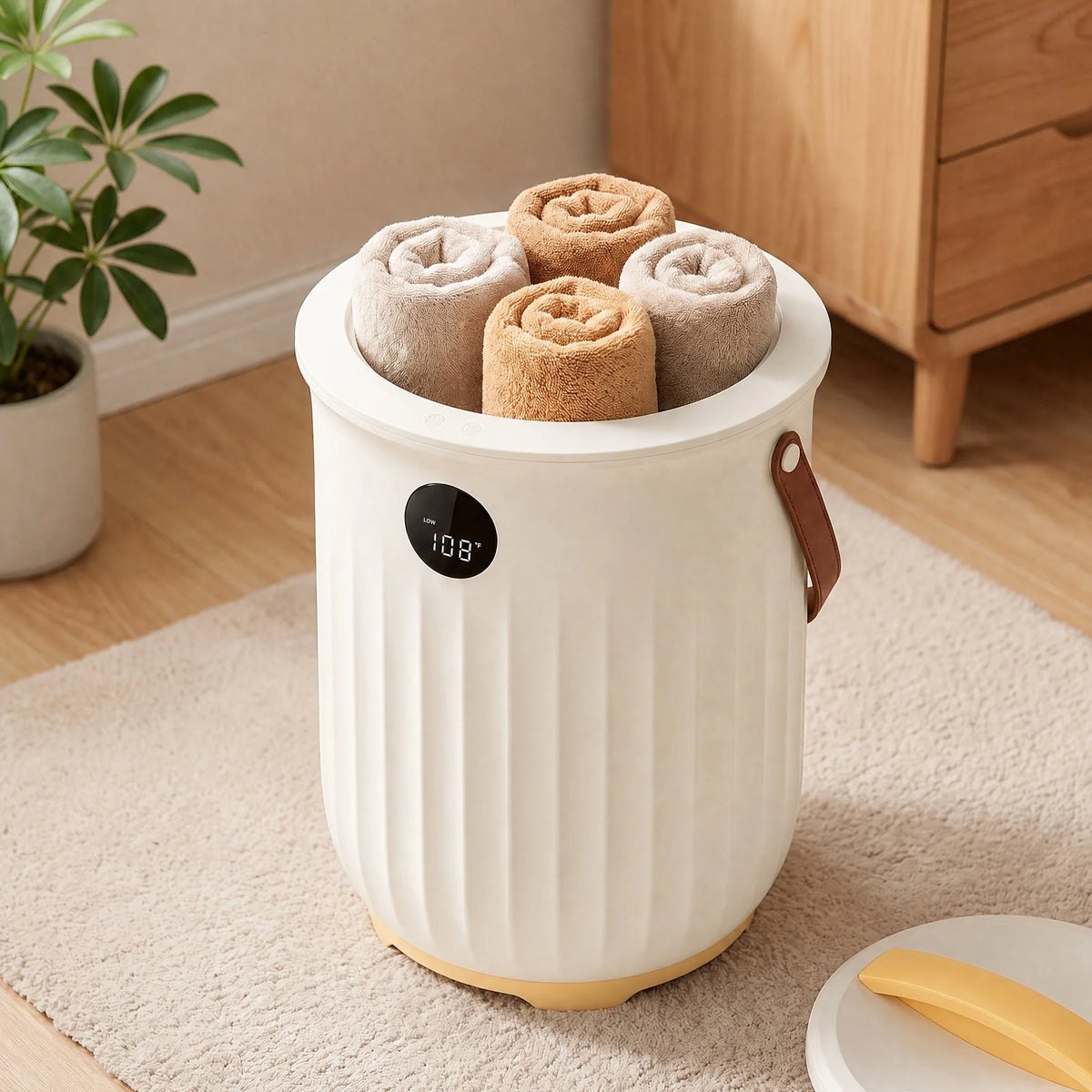 Cubo calentador de toallas de 20L con temporizador LED y difusor de aromas en plástico blanco o caqui claro, ideal 1