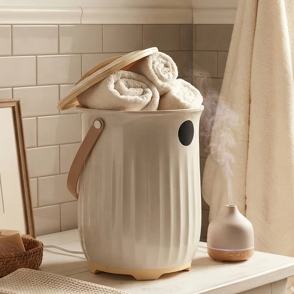 Cubo calentador de toallas de 20L con temporizador LED y difusor de aromas en plástico blanco o caqui claro, ideal 2