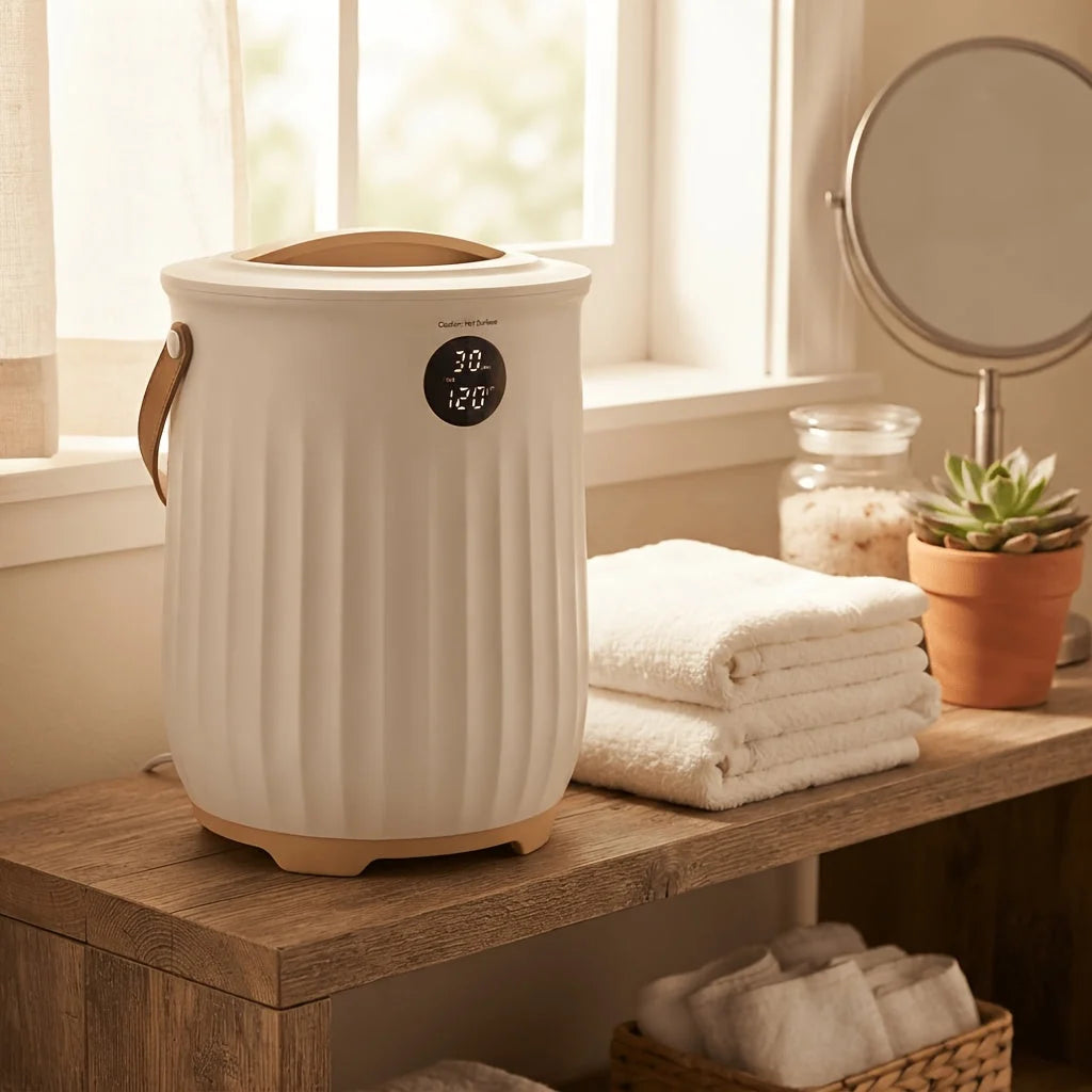 Cubo calentador de toallas de 20L con temporizador LED y difusor de aromas en plástico blanco o caqui claro, ideal 3