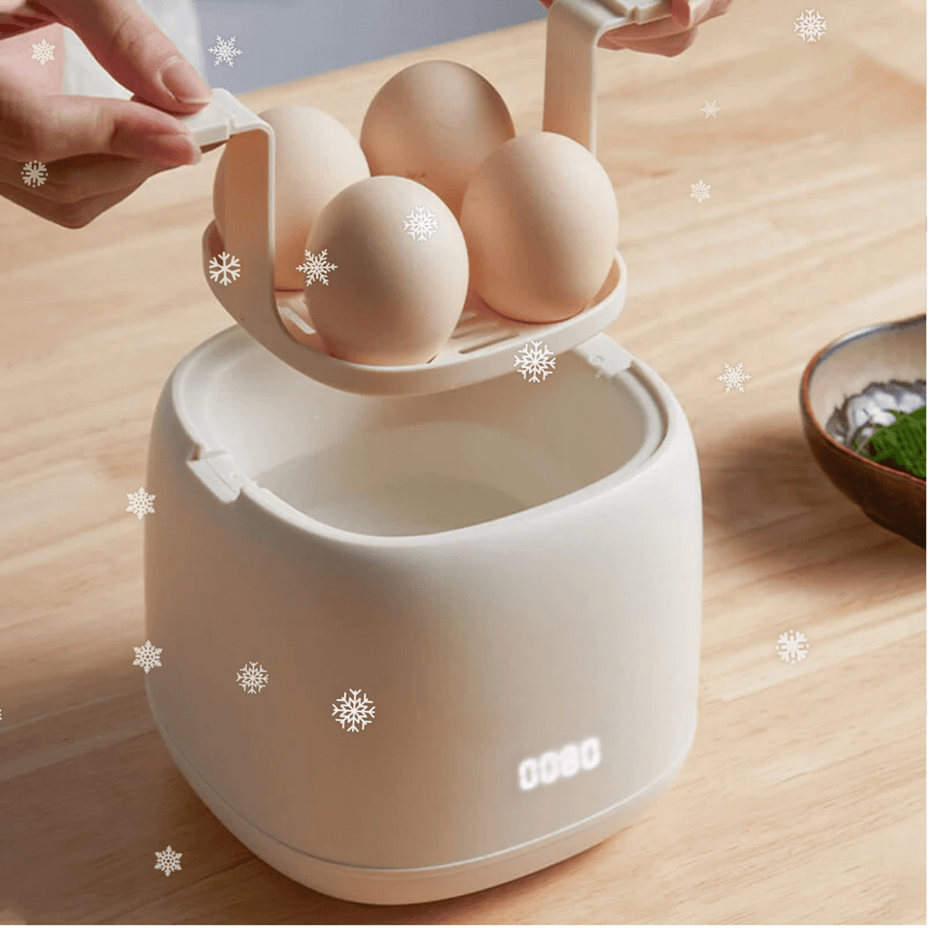 Cuecehuevos eléctrico compacto en plástico y acero inoxidable blanco, con 6 programas de cocción para preparar huevos de forma fácil y rápida. 0