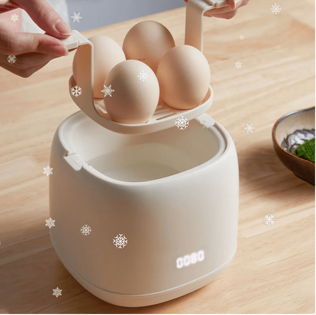 Cuecehuevos eléctrico compacto en plástico y acero inoxidable blanco, con 6 programas de cocción para preparar huevos de forma fácil y rápida. 0