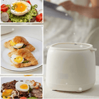 Cuecehuevos eléctrico compacto en plástico y acero inoxidable blanco, con 6 programas de cocción para preparar huevos de forma fácil y rápida. 1
