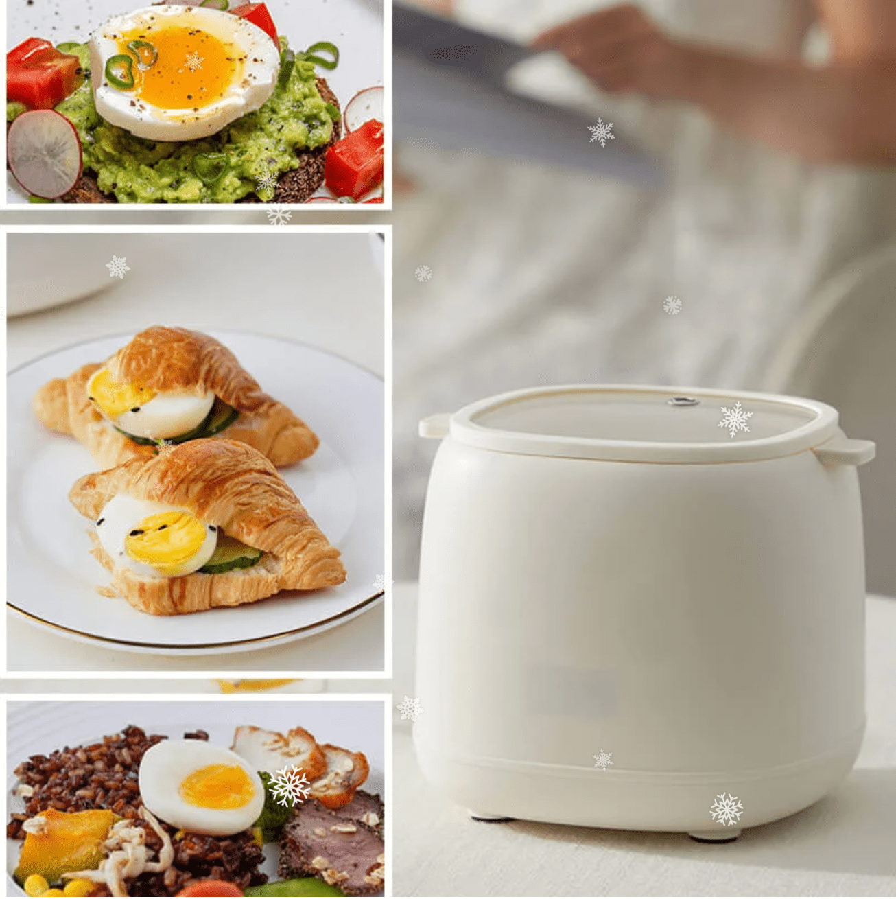 Cuecehuevos eléctrico compacto en plástico y acero inoxidable blanco, con 6 programas de cocción para preparar huevos de forma fácil y rápida. 1
