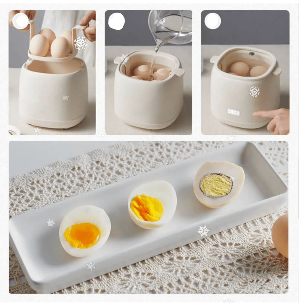 Cuecehuevos eléctrico compacto en plástico y acero inoxidable blanco, con 6 programas de cocción para preparar huevos de forma fácil y rápida. 2