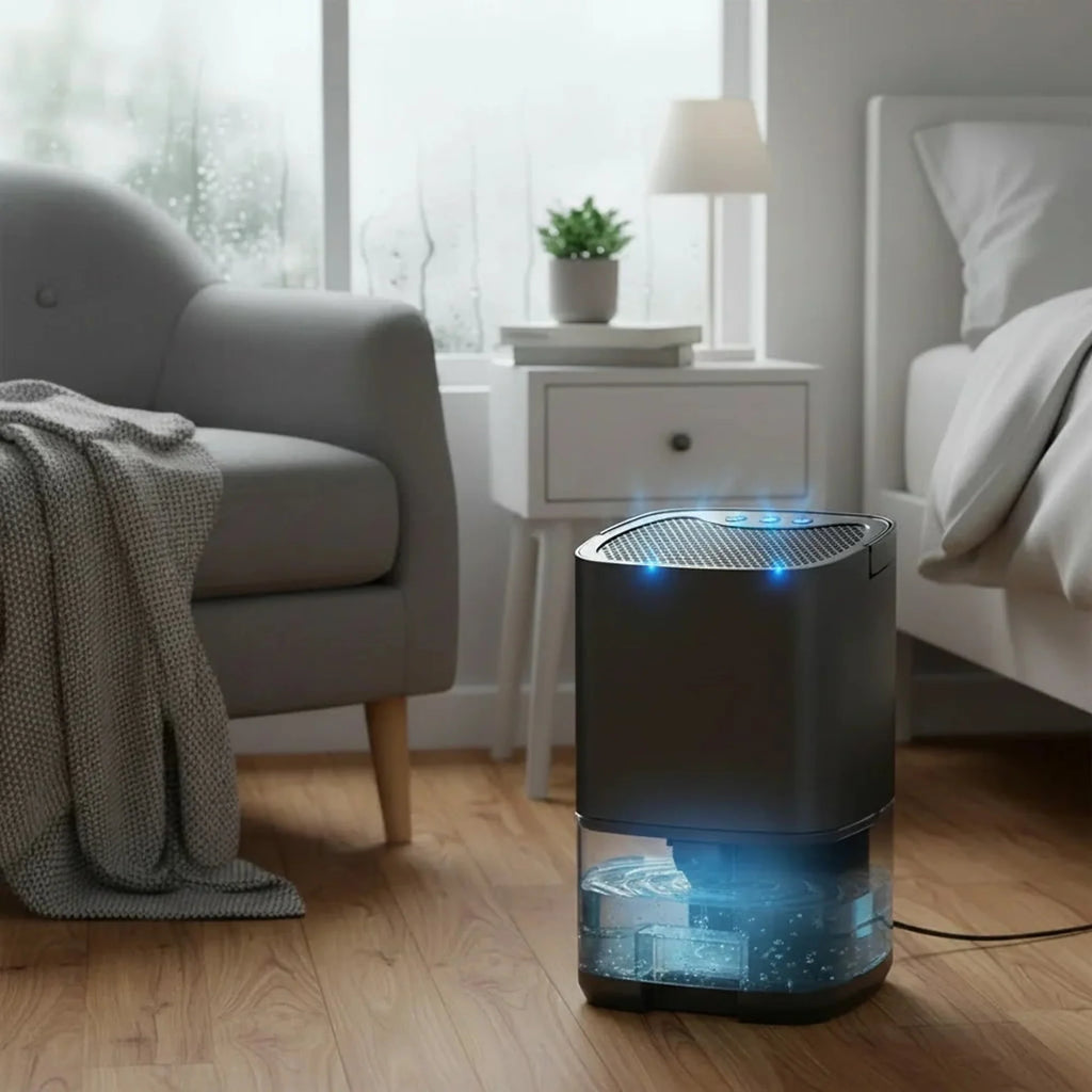 Deshumidificador de aire portátil silencioso con diseño compacto, ideal para usar en dormitorios y oficinas, ayudando a mantener ambientes frescos y secos. 0