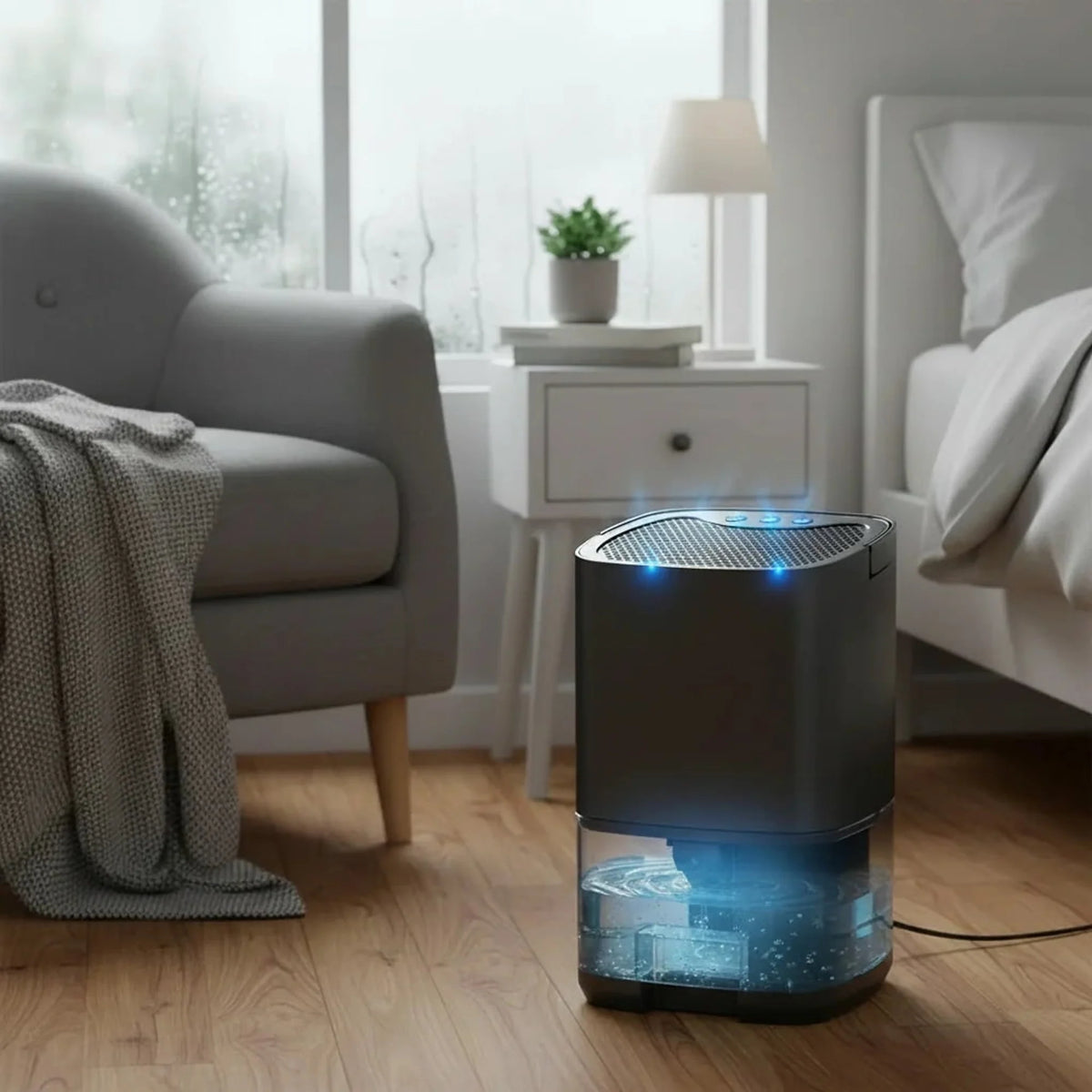 Deshumidificador de aire portátil silencioso con diseño compacto, ideal para usar en dormitorios y oficinas, ayudando a mantener ambientes frescos y secos. 0