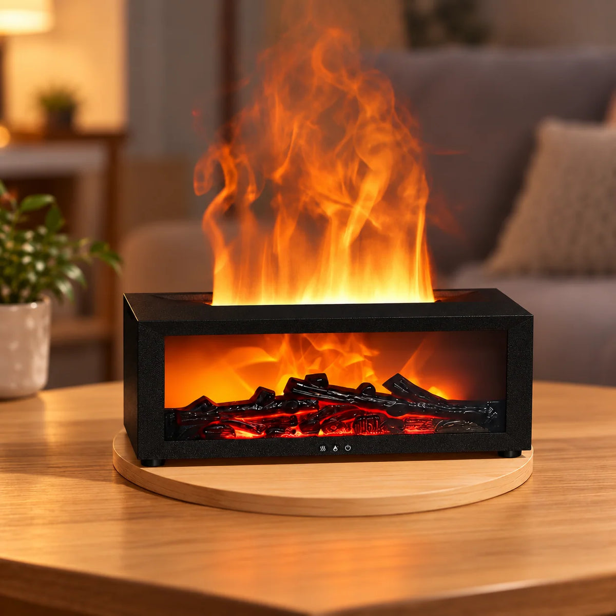 Difusor de Aromas rectangular negro con control remoto y efecto chimenea, ideal para crear ambientes acogedores. 0