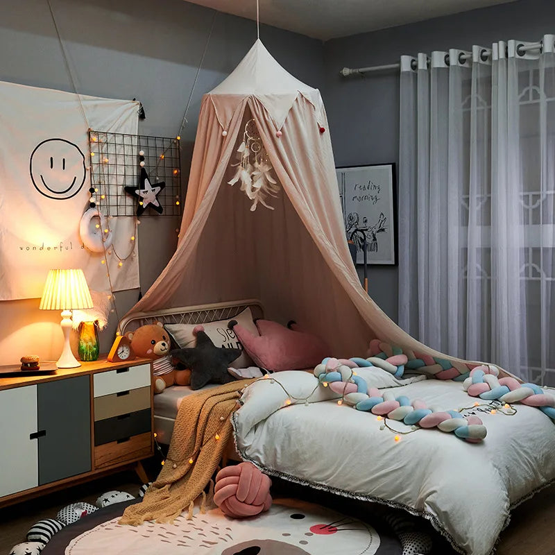 Dosel infantil con volantes para cama, fabricado en poliéster y algodón, ideal para montaje en el techo, creando un ambiente acogedor 2