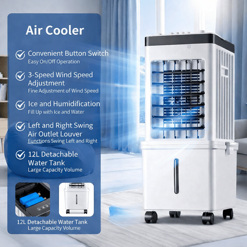 Enfriador de aire móvil 3 en 1 con funciones de humidificación y purificación, diseñado para habitaciones pequeñas, fácil de usar sin instalación 4