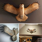 Escultura de búho de madera natural hecha a mano, ideal para decoración de pared, con un diseño rústico único y artístico. 1
