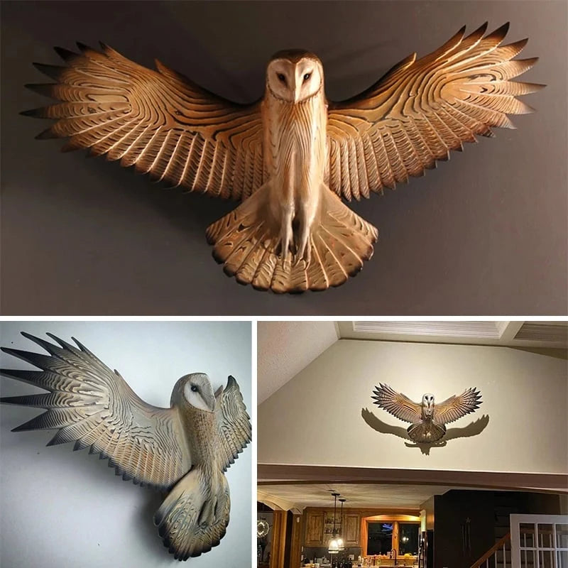 Escultura de búho de madera natural hecha a mano, ideal para decoración de pared, con un diseño rústico único y artístico. 1