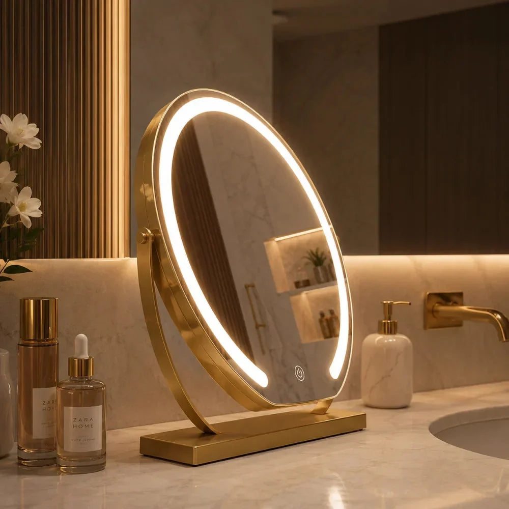 Espejo tocador moderno con luz ajustable y espejo de aumento 15x en diseño de metal y cristal dorado, negro y blanco, 0