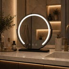 Espejo tocador moderno con luz ajustable y espejo de aumento 15x en diseño de metal y cristal dorado, negro y blanco, 1