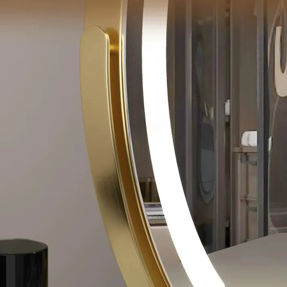 Espejo tocador moderno con luz ajustable y espejo de aumento 15x en diseño de metal y cristal dorado, negro y blanco, 6
