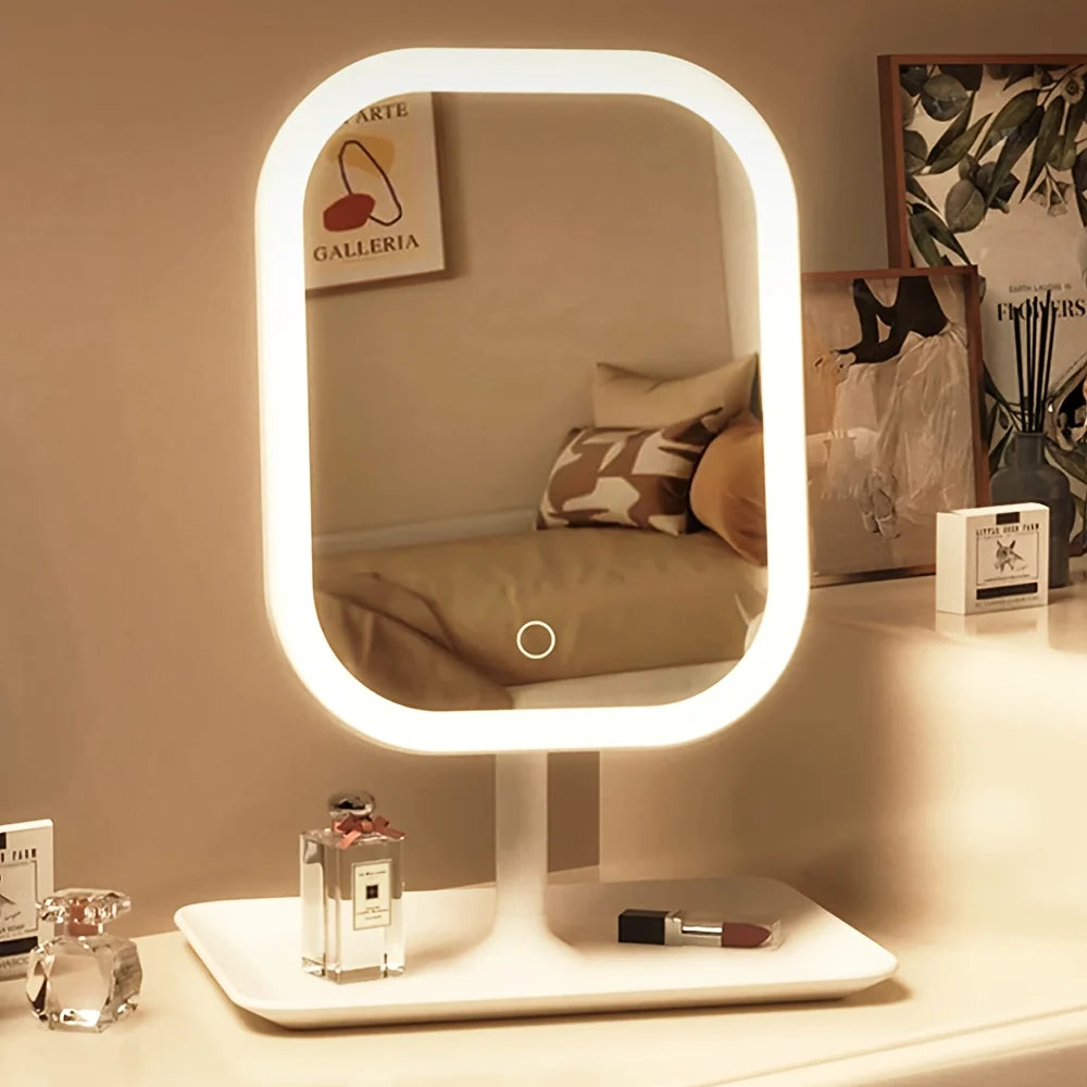 Espejo Tocador con Luz LED Regulable y Base de Almacenamiento – Espejo de Maquillaje Giratorio, Blanco y Rosa 0
