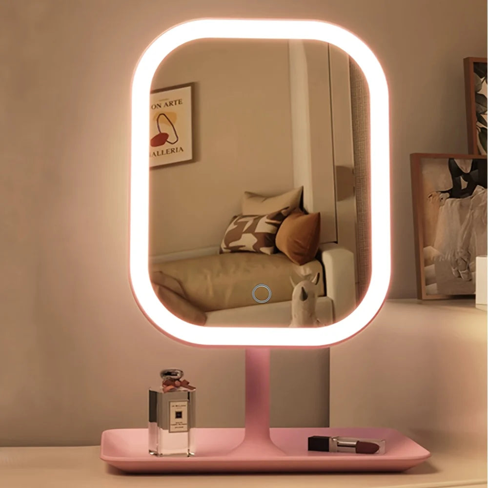 Espejo Tocador con Luz LED Regulable y Base de Almacenamiento – Espejo de Maquillaje Giratorio, Blanco y Rosa 1