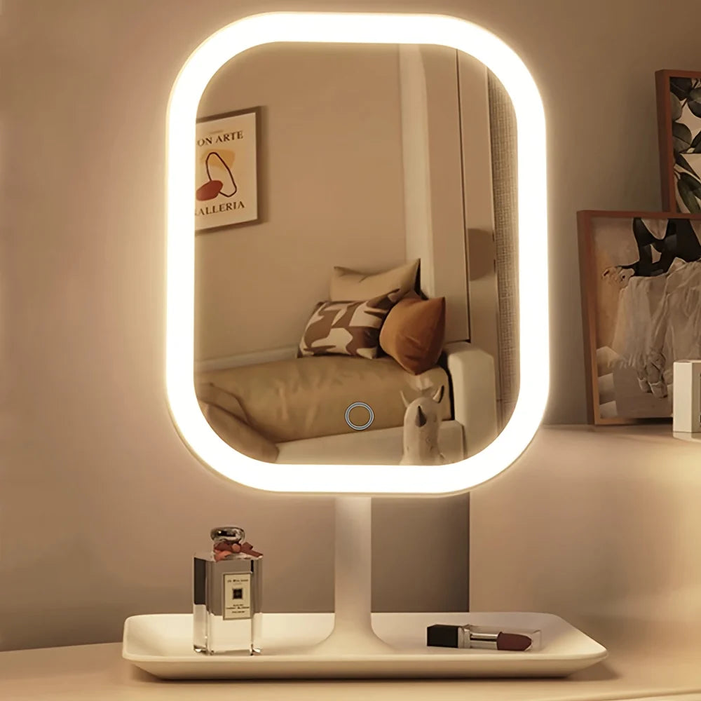 Espejo Tocador con Luz LED Regulable y Base de Almacenamiento – Espejo de Maquillaje Giratorio, Blanco y Rosa 2