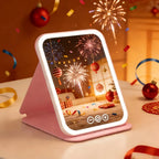 Espejo tocador con luz táctil, plegable y portátil, de diseño moderno en plástico rosa, ideal para maquillaje y cuidado personal. 0